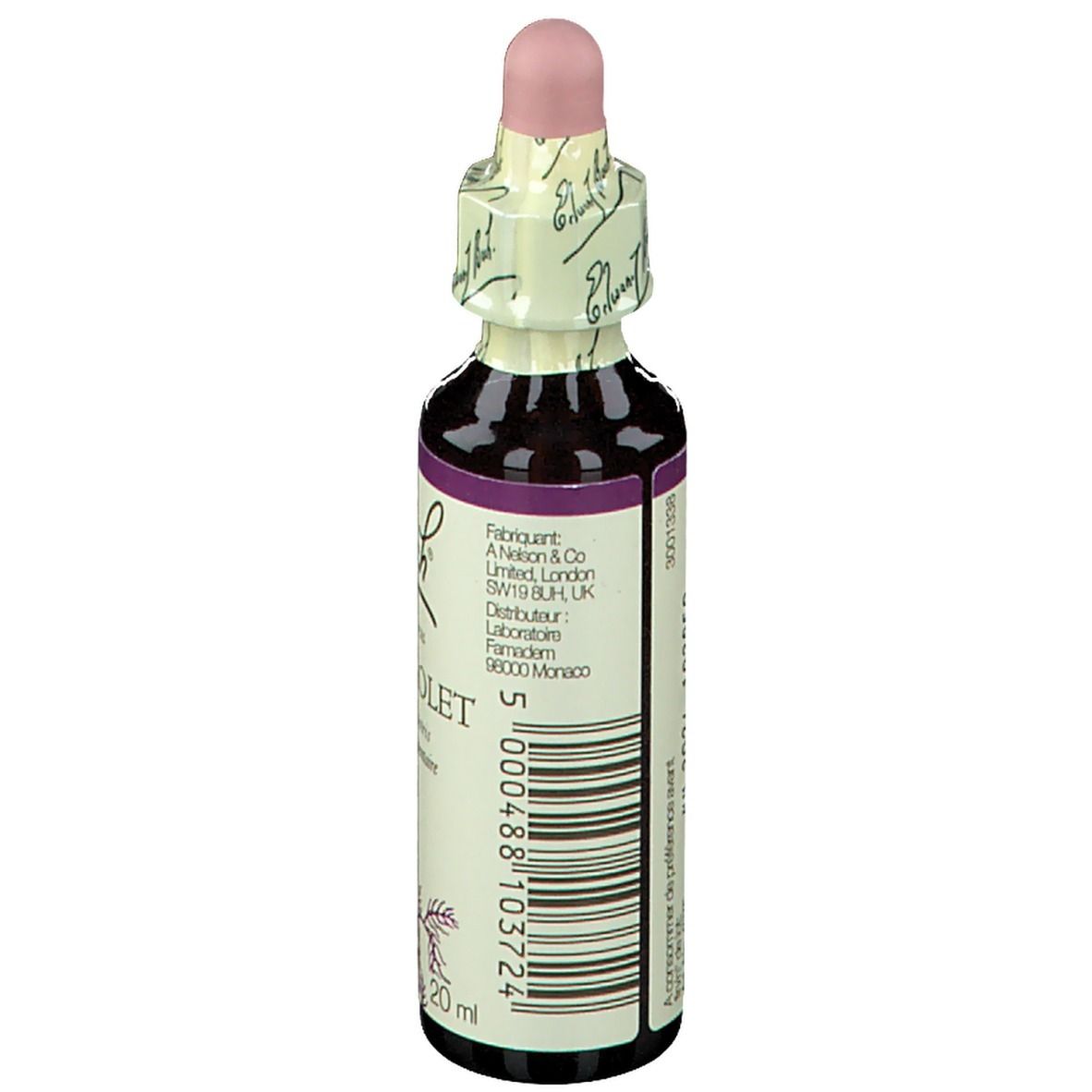 Flacon de produit. Dos. Texte en français. Informations du fabricant.
