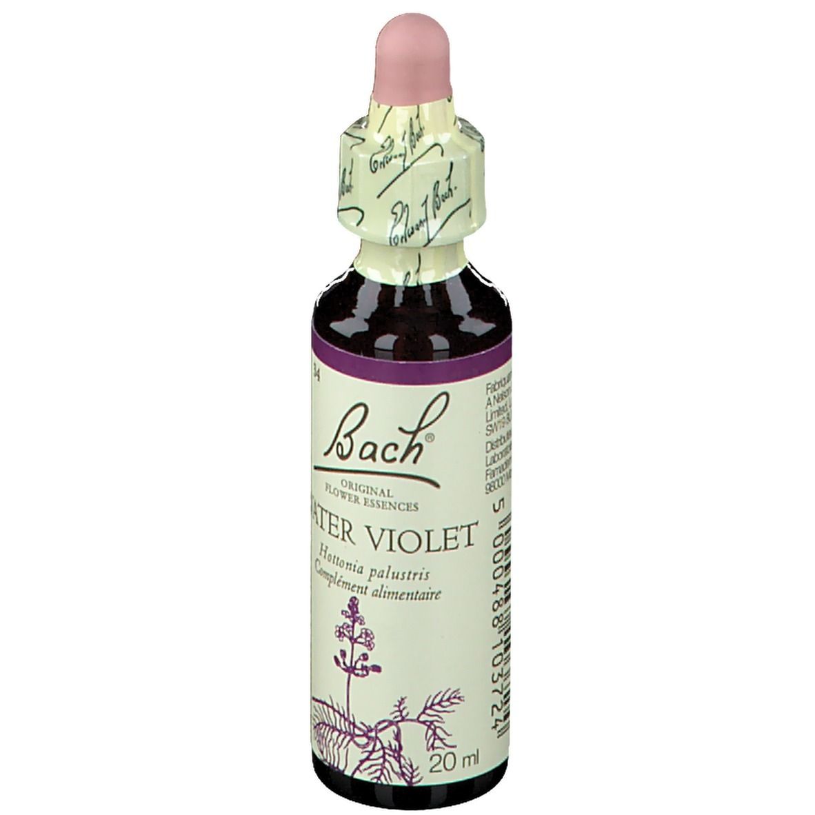 Flacon de produit avec compte-gouttes. Inscription: Water Violet. Texte en français. 20 ml.