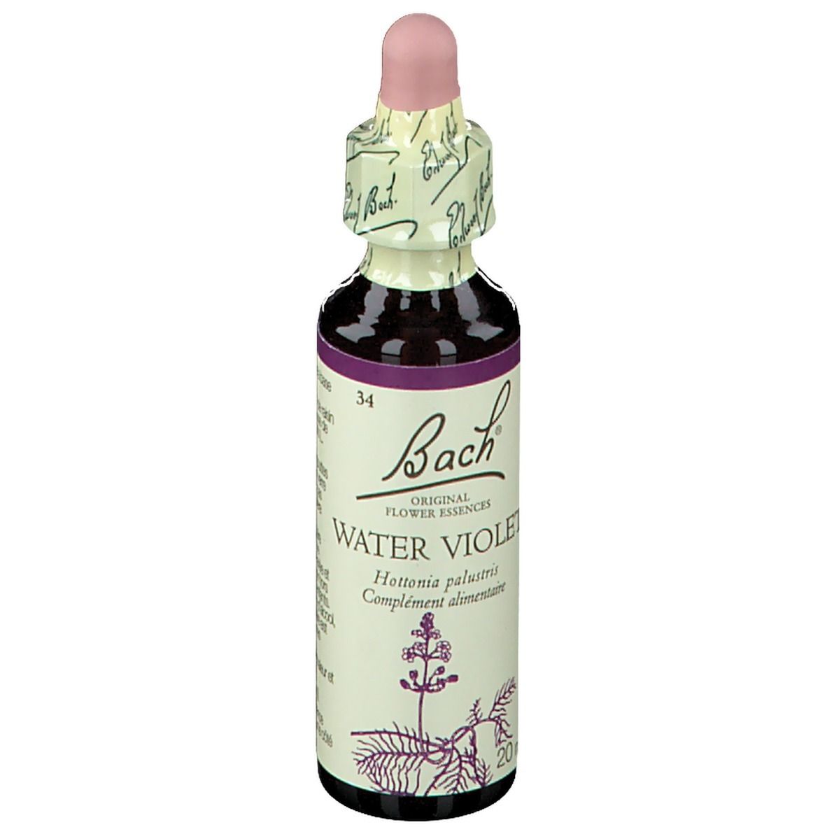 Flacon de produit avec compte-gouttes. Inscription: Water Violet. Texte en français. 20 ml.