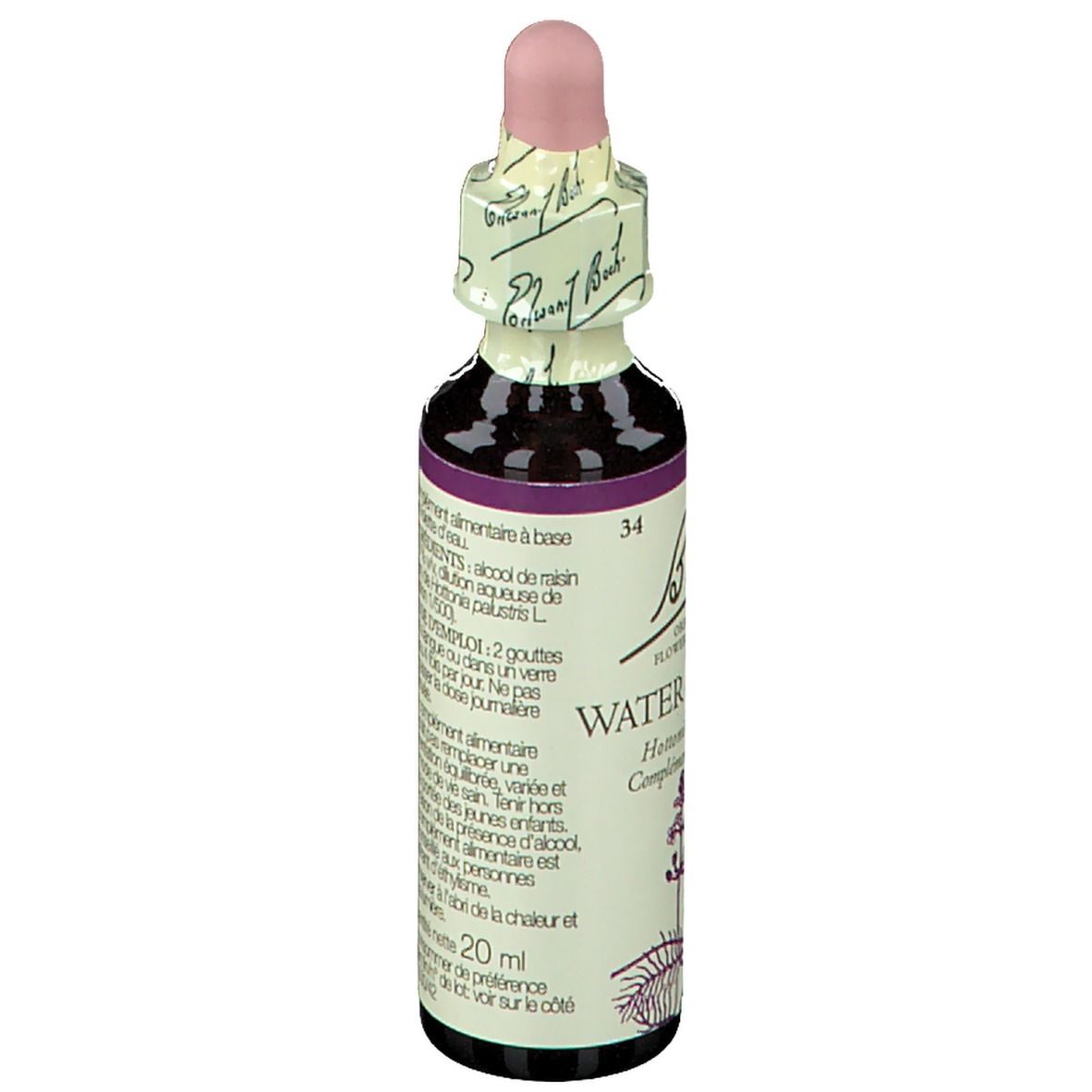 Flacon de produit avec compte-gouttes. Inscription: Water Violet. Texte en français. 20 ml.