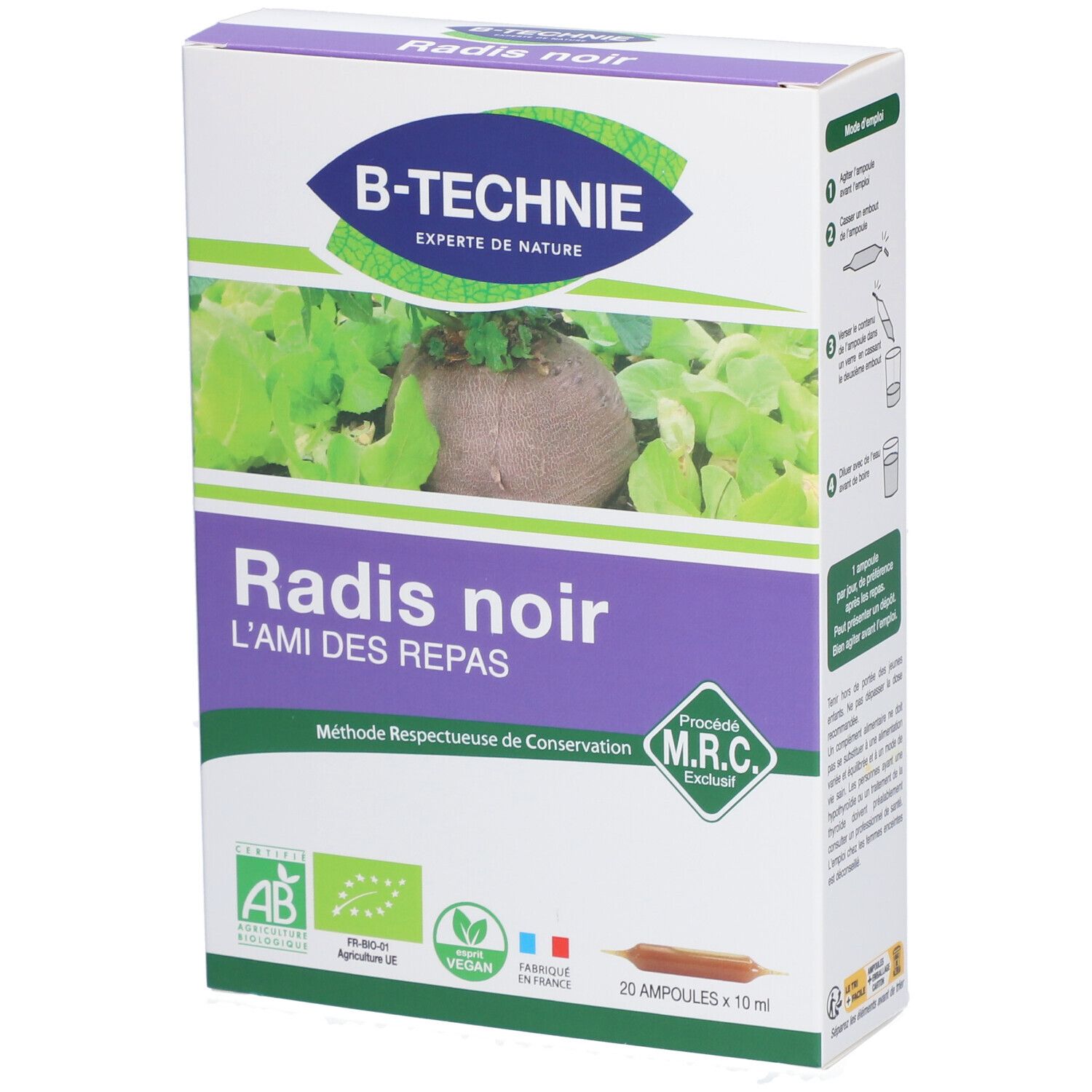 Schachtel mit Produkt Radis noir. Marke B-TECHNIE. Enthält 20 Ampullen à 10 ml. Mit AB- und Vegan-Siegeln.