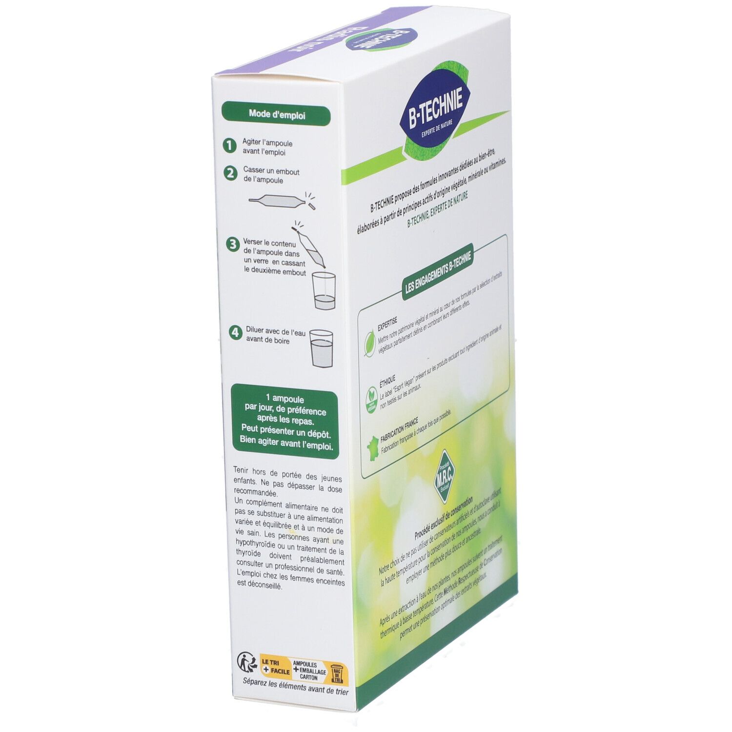 Produktverpackung mit Anweisungen. Marke B-TECHNIE. Text: Mode d'emploi, 1 Ampulle pro Tag. M.R.C. Siegel.