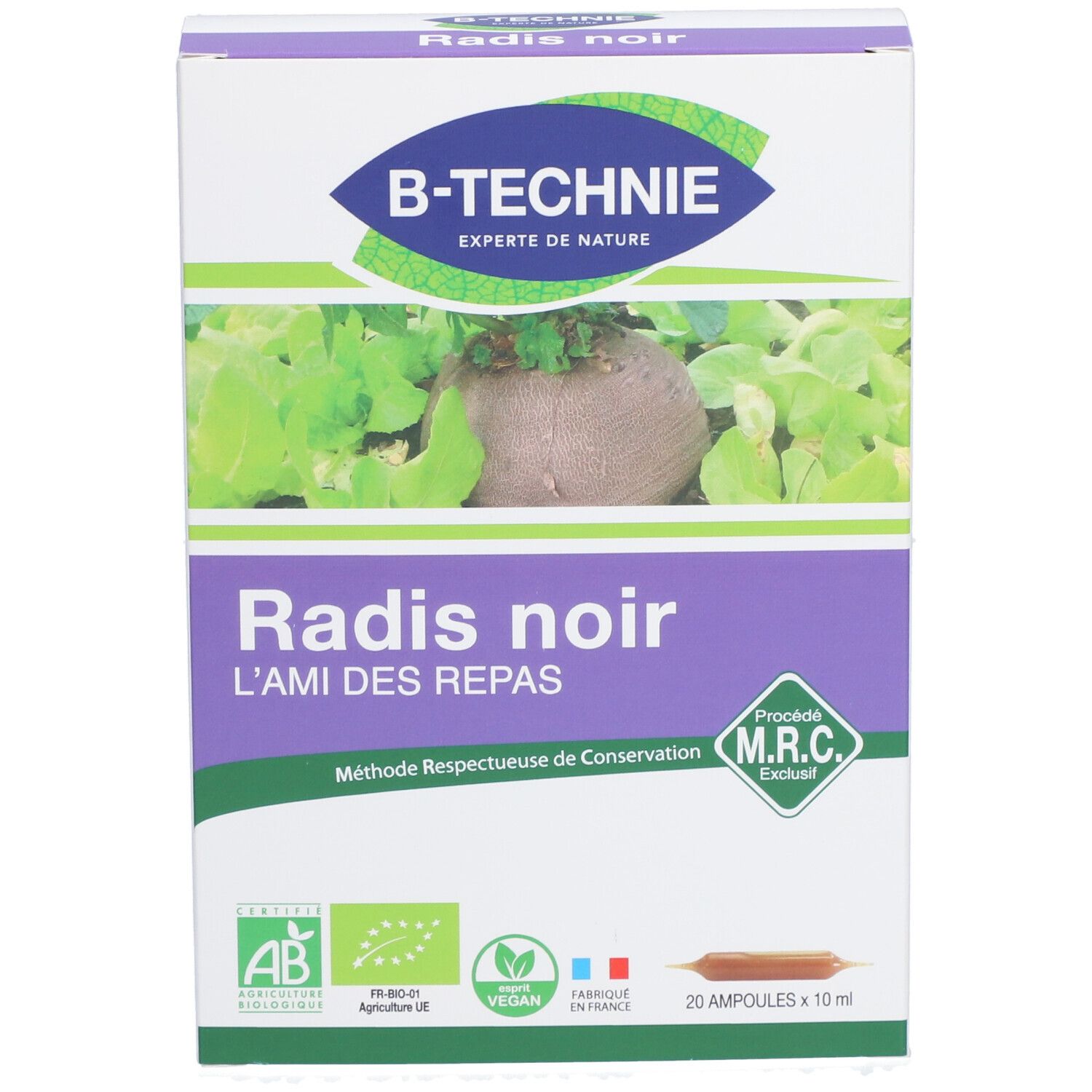 Produktverpackung Radis noir. Marke B-TECHNIE. Enthält 20 Ampullen à 10 ml. Mit AB- und Vegan-Siegeln.