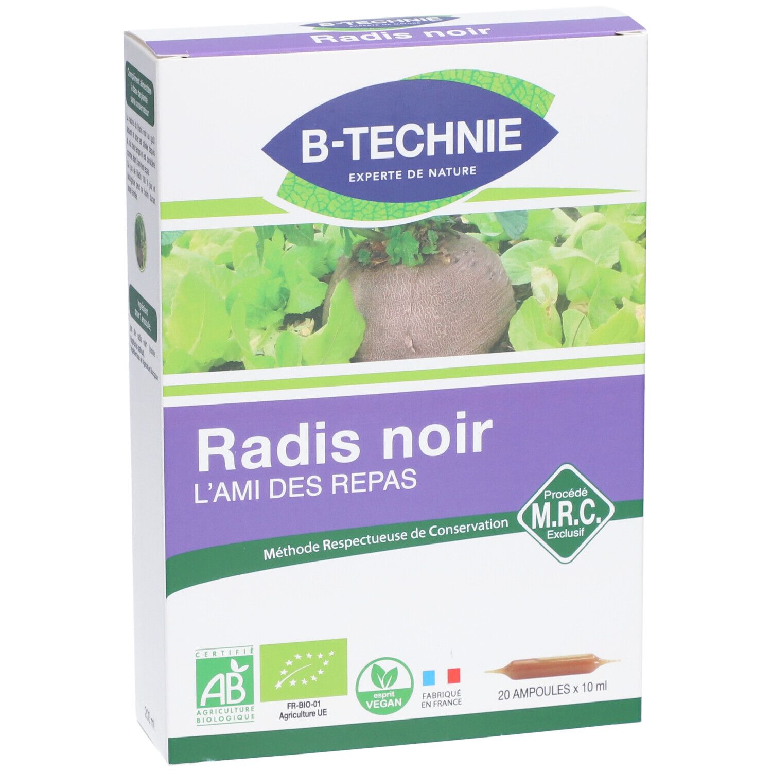 Produktverpackung Radis noir. Marke B-TECHNIE. Enthält 20 Ampullen à 10 ml. Mit AB- und Vegan-Siegeln.