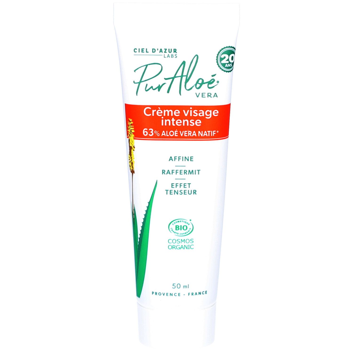 Weiß-grüne Tube CIEL D'AZUR PurAloé Crème Intense. Roter Schriftzug "Crème visage intense". Logo "BIO COSMOS ORGANIC".