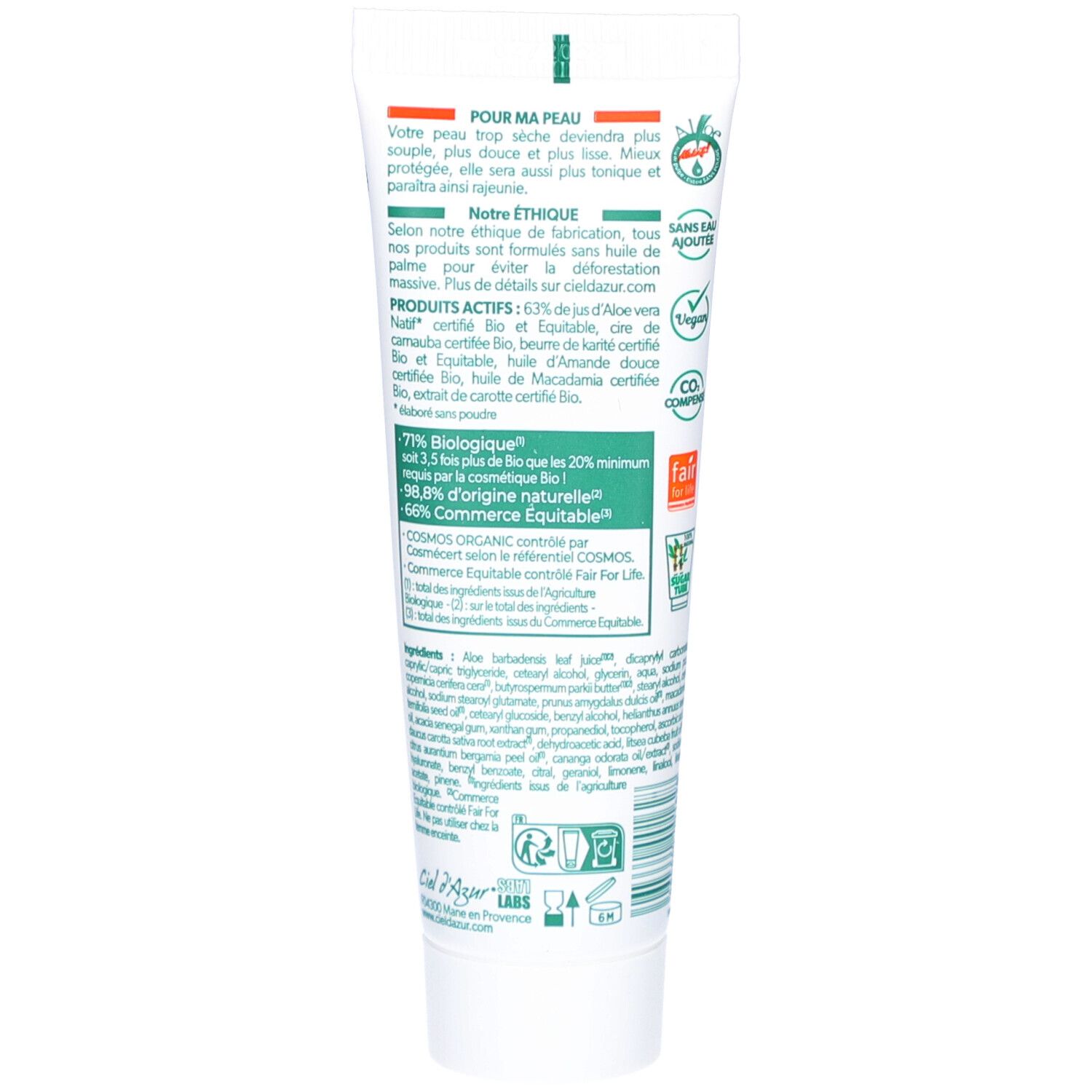 Rückseite der Tube CIEL D'AZUR PurAloé Crème Intense. Text in Grün und Schwarz. Logos und Zertifizierungen.