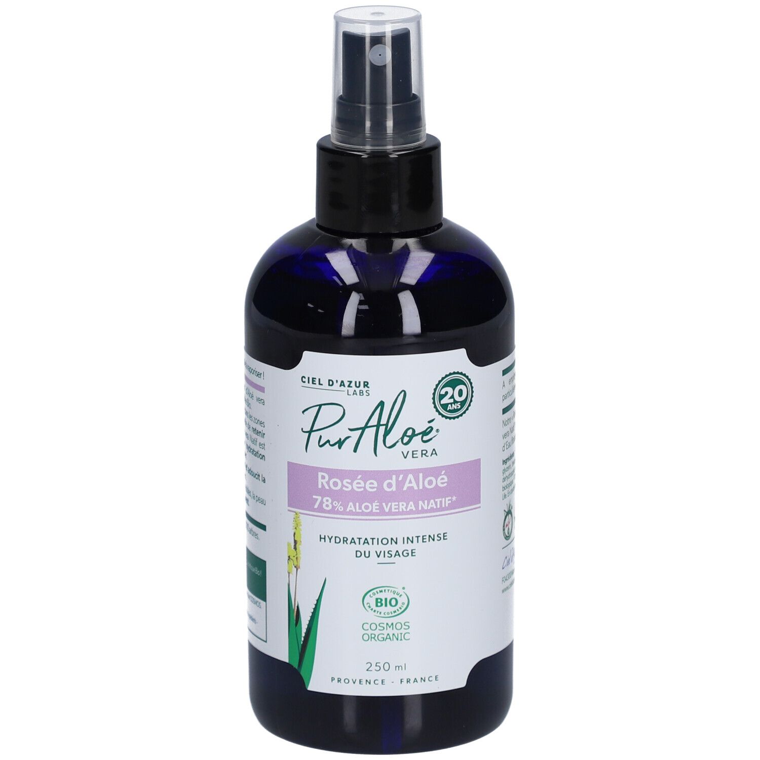 Blau-transparente Flasche mit Sprühkopf. Aufschrift: Pur Aloé, Rosée d'Aloé, 78% Aloe Vera Natif, Hydratation Intense du Visage. Bio-Zertifizierung.