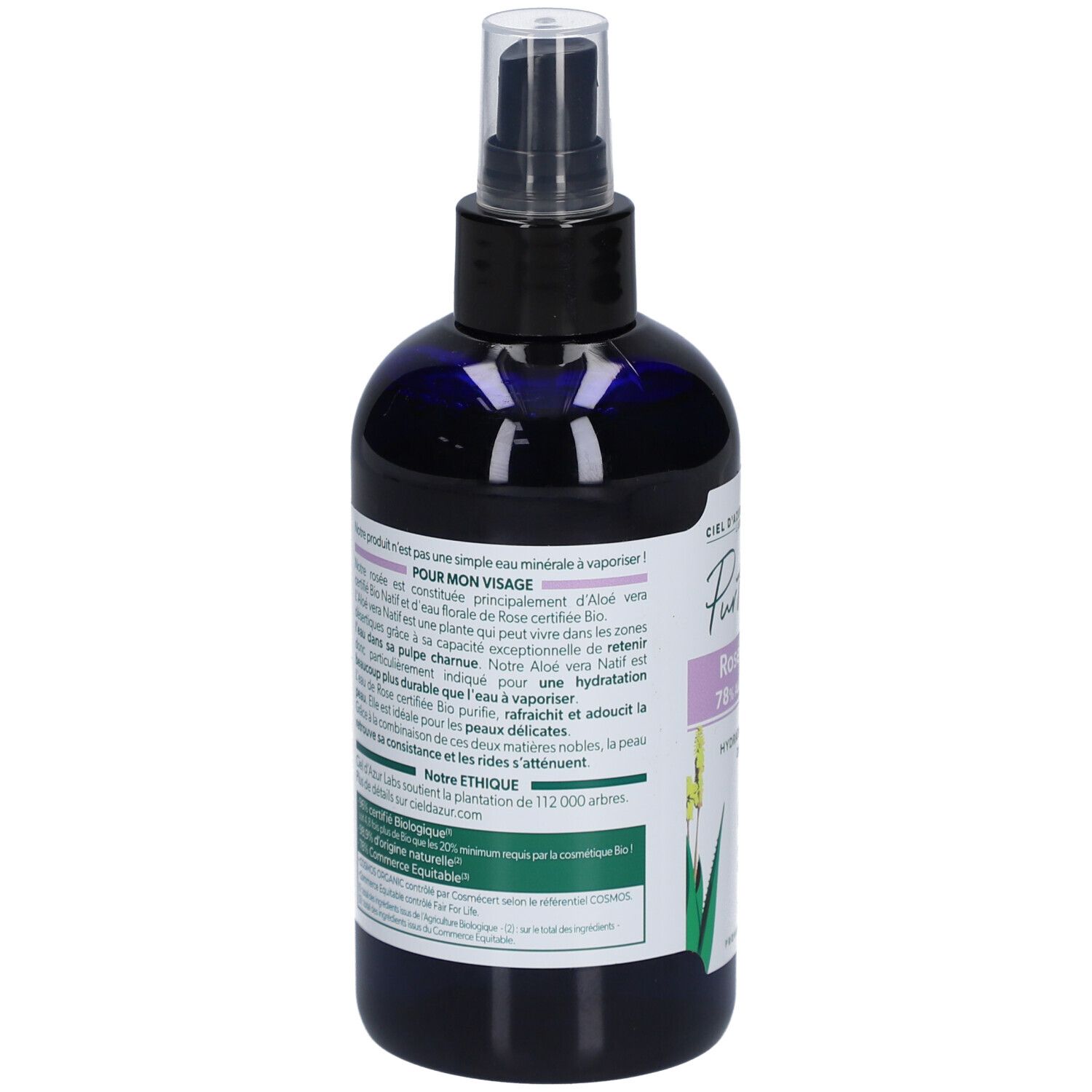 Rückseite der Flasche. Textinformationen. Bio-Zertifizierung. Hinweis auf fairen Handel. Informationen zur Zusammensetzung und Anwendung.