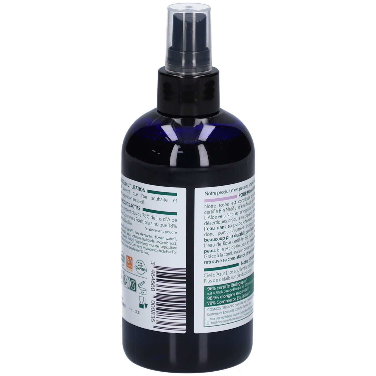 Rückseite der Flasche. Textinformationen. Barcode. Bio-Zertifizierung. Informationen zur Zusammensetzung und Anwendung.