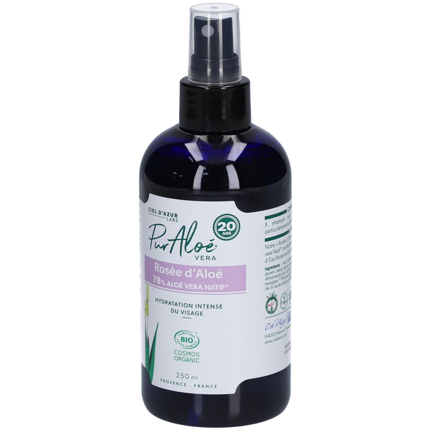 Blau-transparente Flasche mit Sprühkopf. Aufschrift: Pur Aloé, Rosée d'Aloé, 78% Aloe Vera Natif, Hydratation Intense du Visage. Bio-Zertifizierung.
