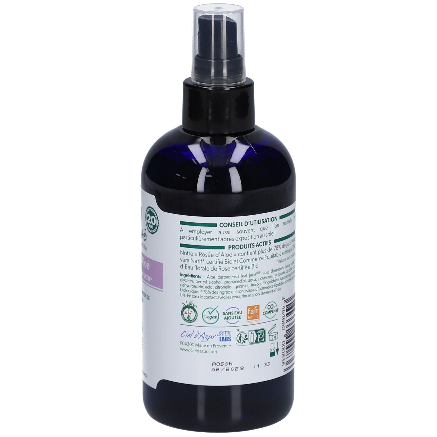 Rückseite der Flasche. Textinformationen. Bio-Zertifizierung. Informationen zur Zusammensetzung und Anwendung. Barcode.