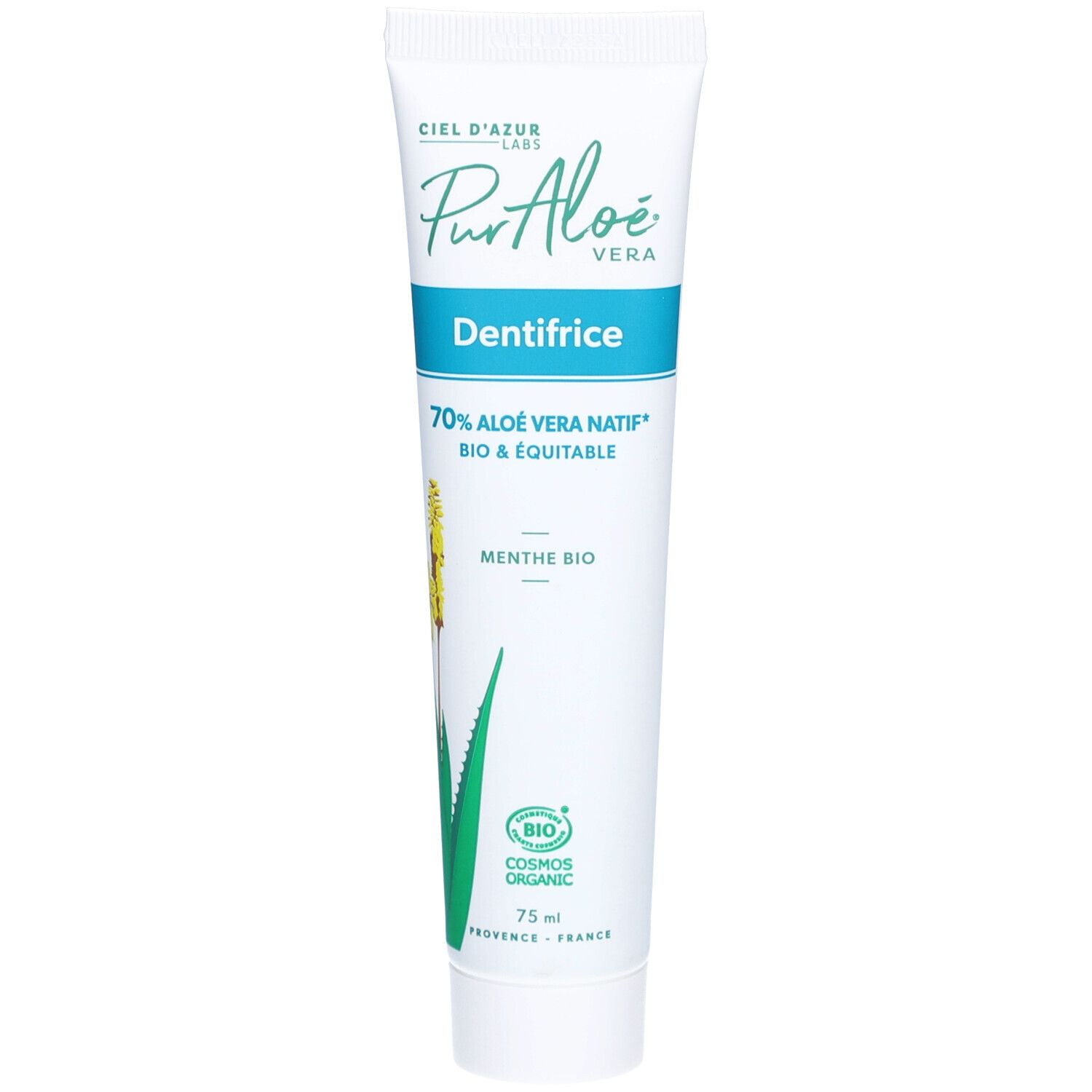 Tube de dentifrice CIEL D'AZUR PurAloé. Blanc, texte bleu et vert. Contient 70% d'aloe vera. Certification bio.