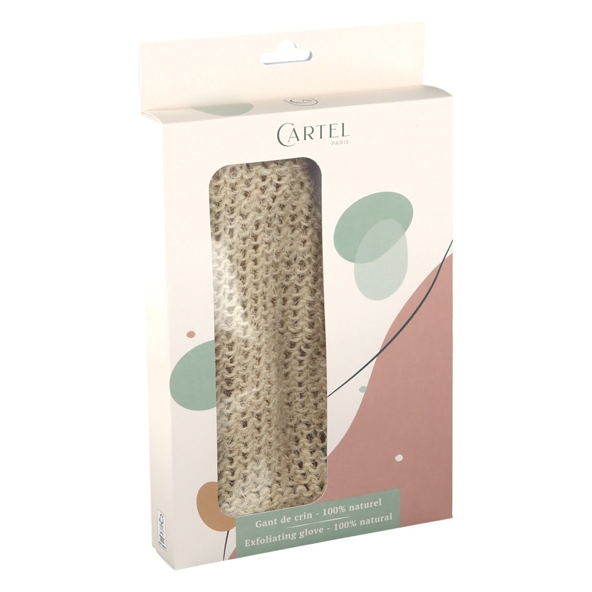 Emballage CARTEL avec gant de crin. Gant beige visible à travers la fenêtre. Texte: Gant de crin - 100% naturel, Exfoliating glove - 100% natural.