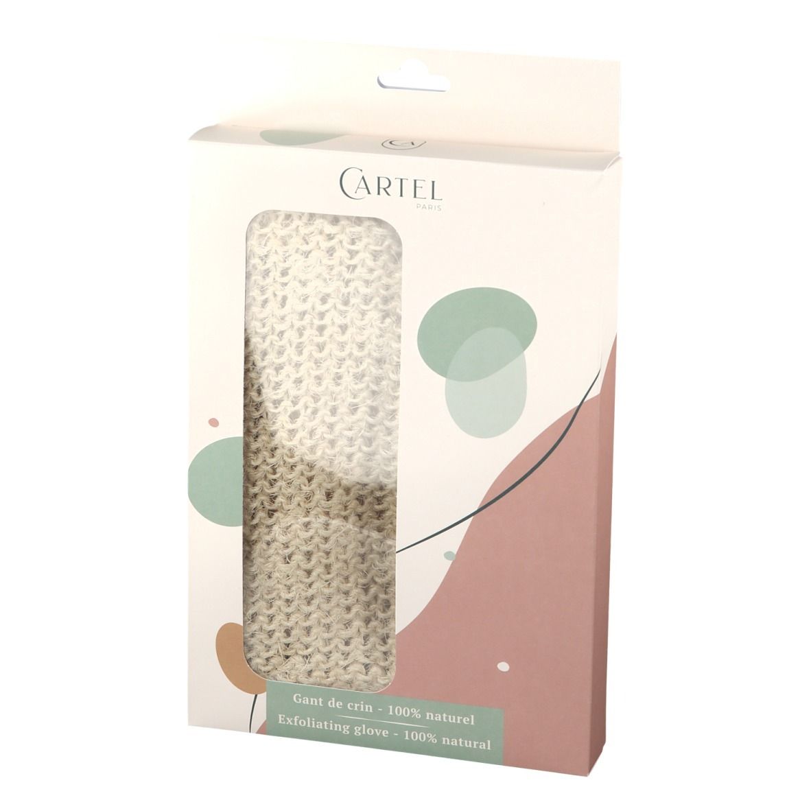 Emballage CARTEL avec gant de crin. Gant beige visible à travers la fenêtre. Texte: Gant de crin - 100% naturel, Exfoliating glove - 100% natural.