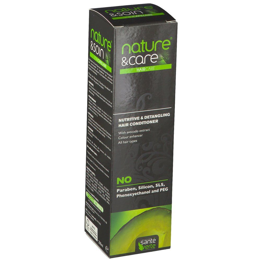 Boîte noire avec informations produit. Marque : Nature & Care. Texte : Après-shampooing nutritif & démêlant. Sans parabène, silicone, SLS, phénoxyéthanol et PEG.