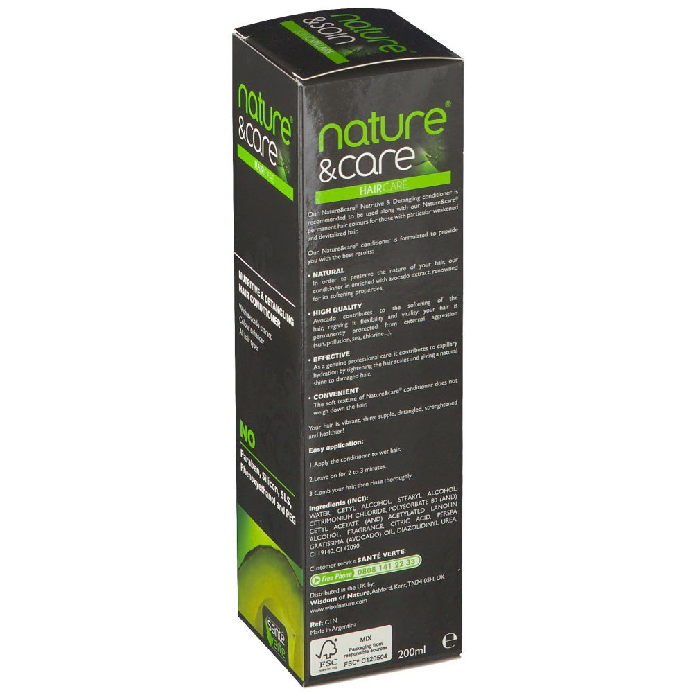 Boîte noire avec informations produit. Marque : Nature & Care. Texte : Après-shampooing nutritif & démêlant. Avec extrait d'avocat. Tous types de cheveux.