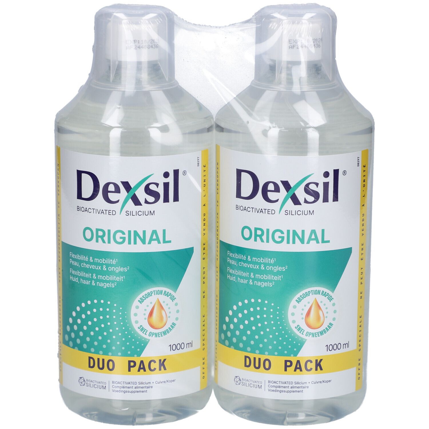 Deux flacons Dexsil Original en pack duo. Liquide clair dans des bouteilles transparentes. Étiquettes visibles avec informations produit.