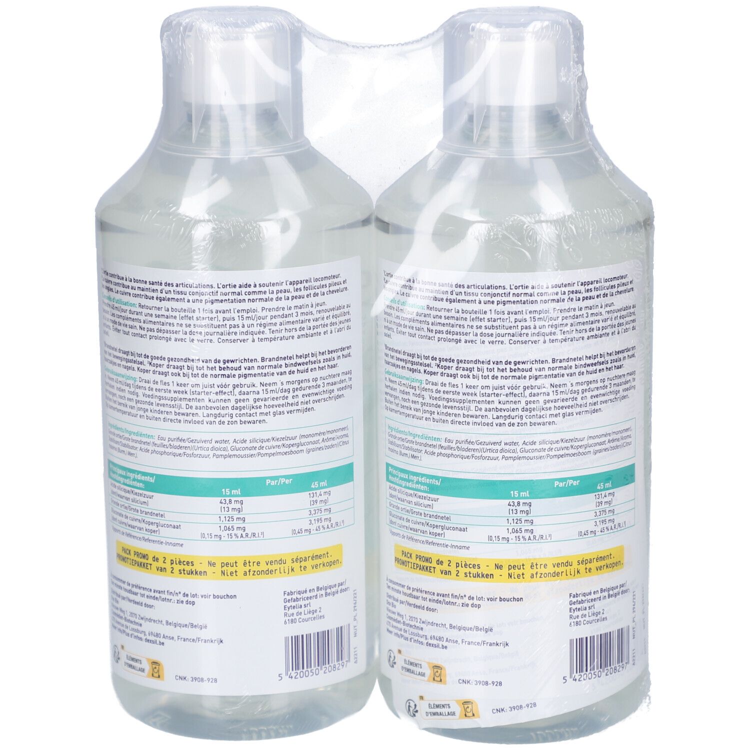 Vue arrière du pack duo de deux flacons. Étiquettes avec texte et informations nutritionnelles. Flacons transparents avec liquide clair.