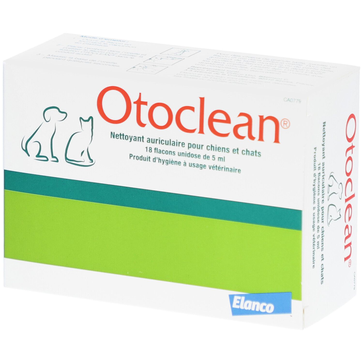 Weißer Karton mit grünem Streifen. Aufschrift Otoclean, Reiniger für Hunde und Katzen. Elanco-Logo.