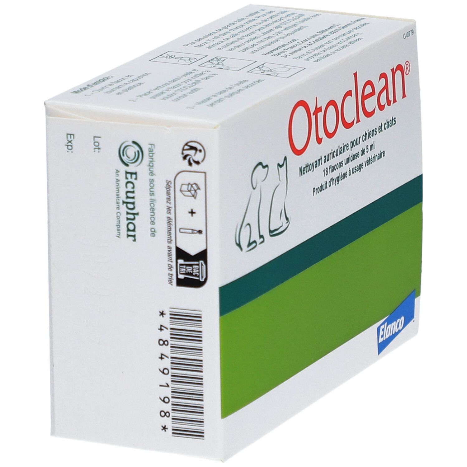 Weißer Karton mit grünem Streifen. Aufschrift Otoclean, Reiniger für Hunde und Katzen. Euphar-Logo.