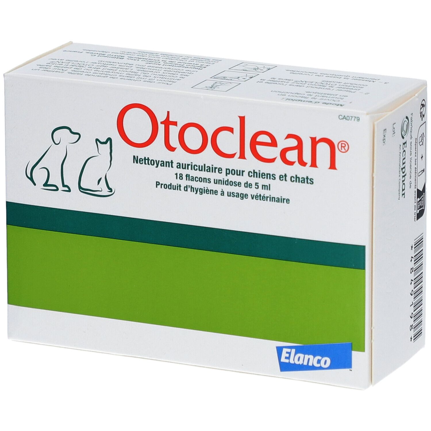 Weißer Karton mit grünem Streifen. Aufschrift Otoclean, Reiniger für Hunde und Katzen. Elanco-Logo.