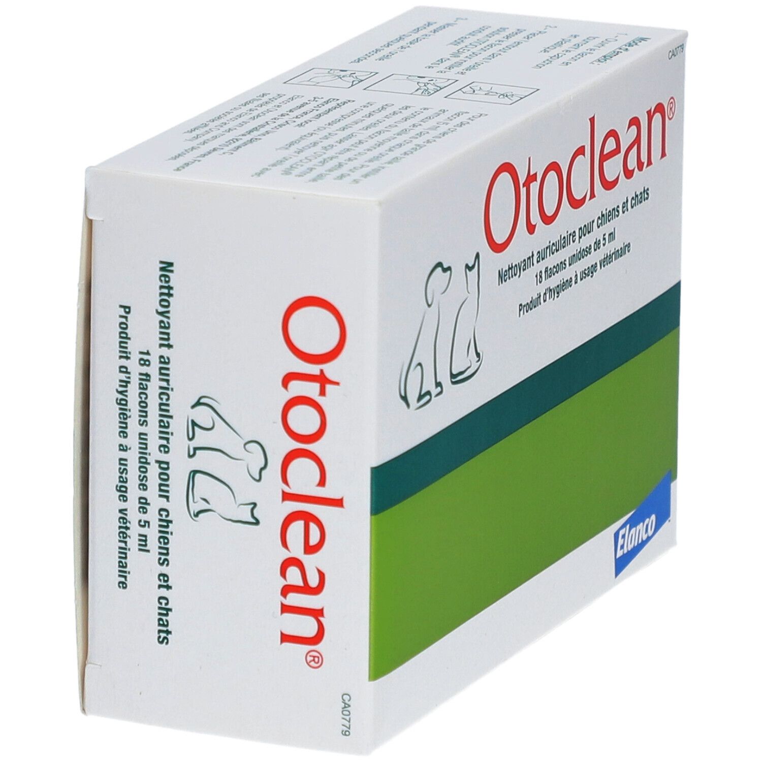Weißer Karton mit grünem Streifen. Aufschrift Otoclean, Reiniger für Hunde und Katzen. Elanco-Logo.