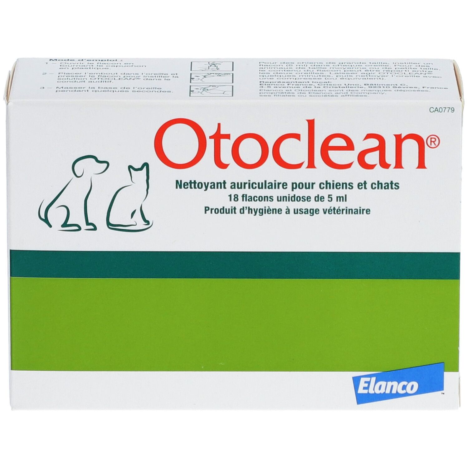 Weißer Karton mit grünem Streifen. Aufschrift Otoclean, Reiniger für Hunde und Katzen. Elanco-Logo.