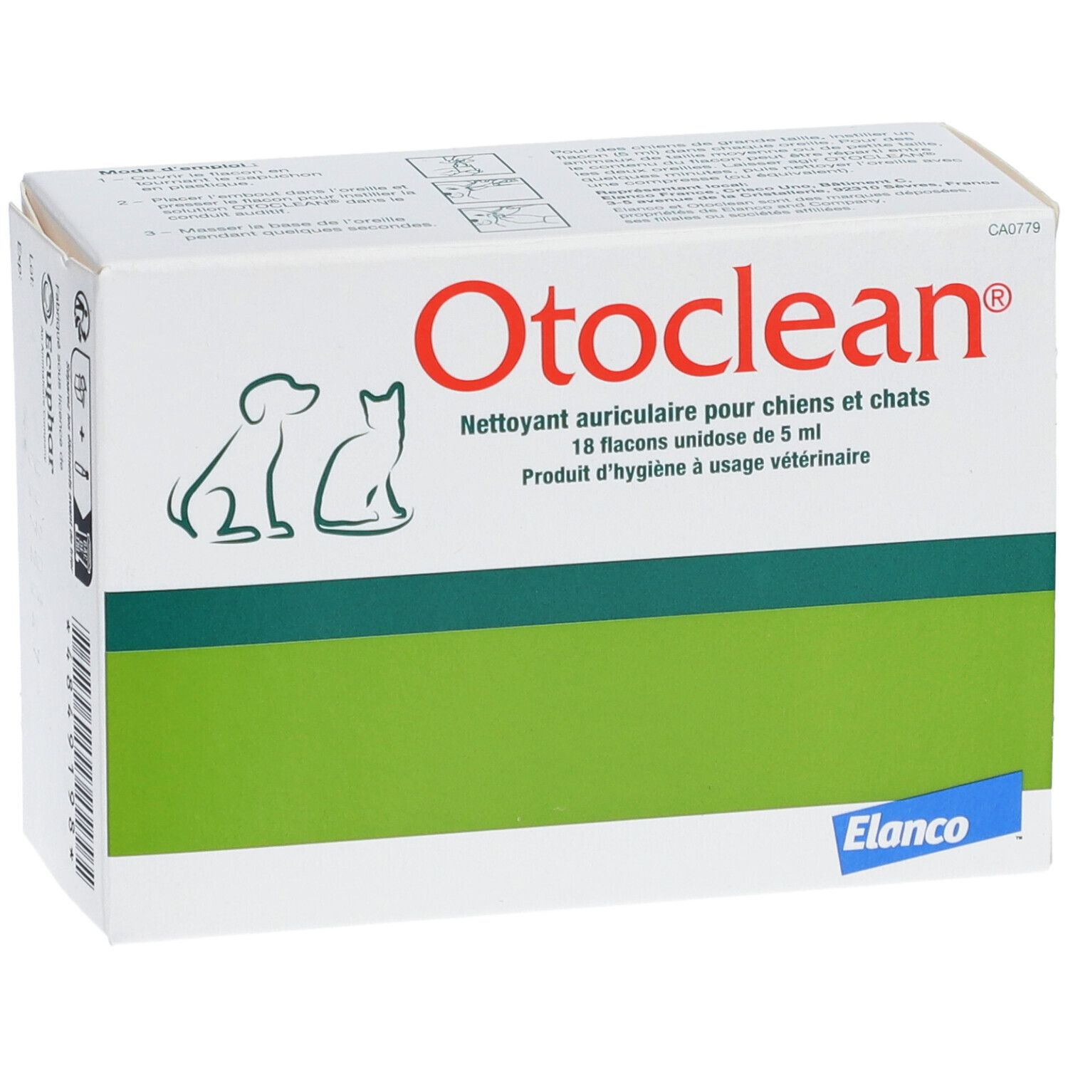 Weißer Karton mit grünem Streifen. Aufschrift Otoclean, Reiniger für Hunde und Katzen. Elanco-Logo.