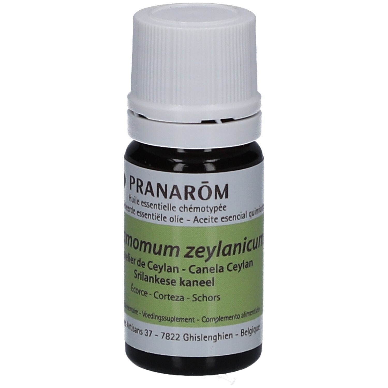 Braune Glasflasche mit weißem Deckel. Etikett mit Text: Cinnamomum zeylanicum, 5 ml.  BIO-Siegel.