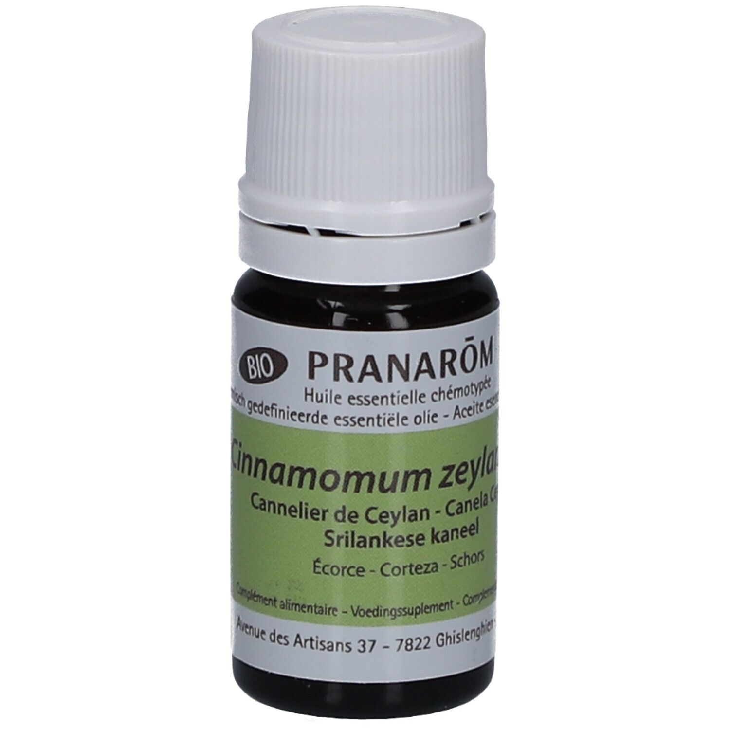 Braune Glasflasche mit weißem Deckel. Etikett mit Text: Cinnamomum zeylanicum, 5 ml. BIO-Siegel.