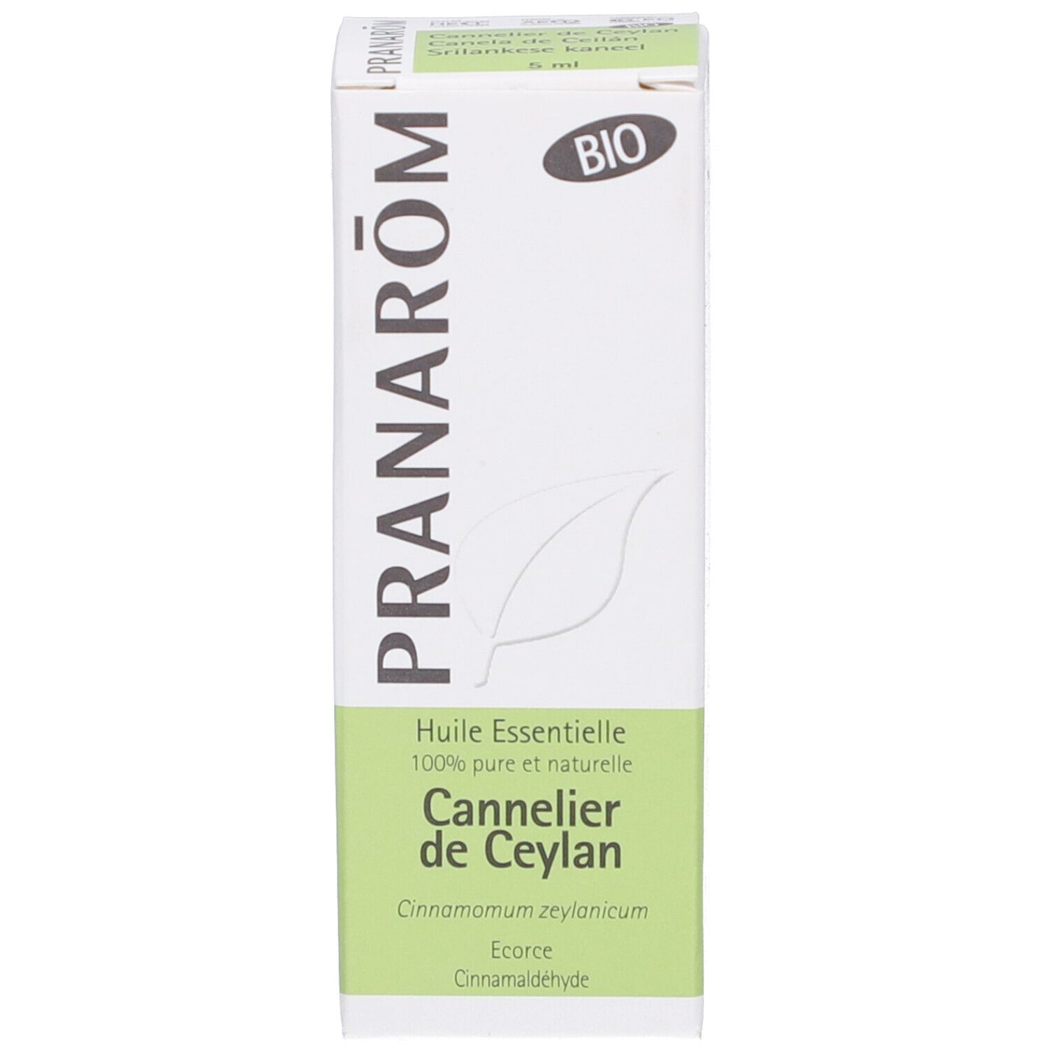 Weiße Schachtel mit Text: Pranarôm, BIO, Huile Essentielle, Cannelle de Ceylan.  Blatt-Logo.