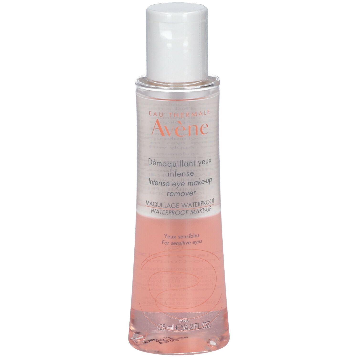 Avène Augen-Make-up-Entferner. Transparente Flasche mit weißem Deckel. Produktname und Marke sichtbar.