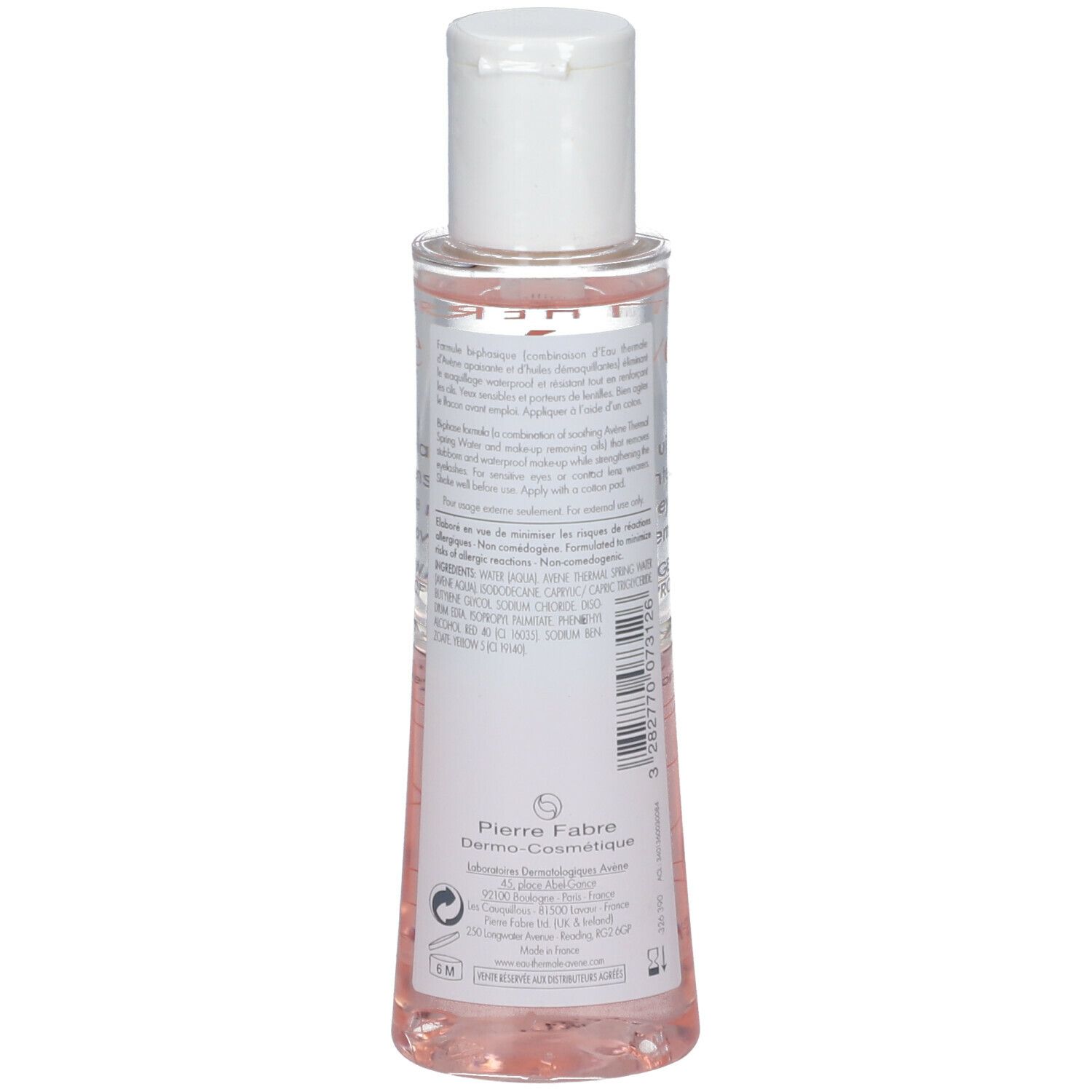 Avène Augen-Make-up-Entferner. Rückseite der Flasche mit Produktinformationen und Inhaltsstoffen.