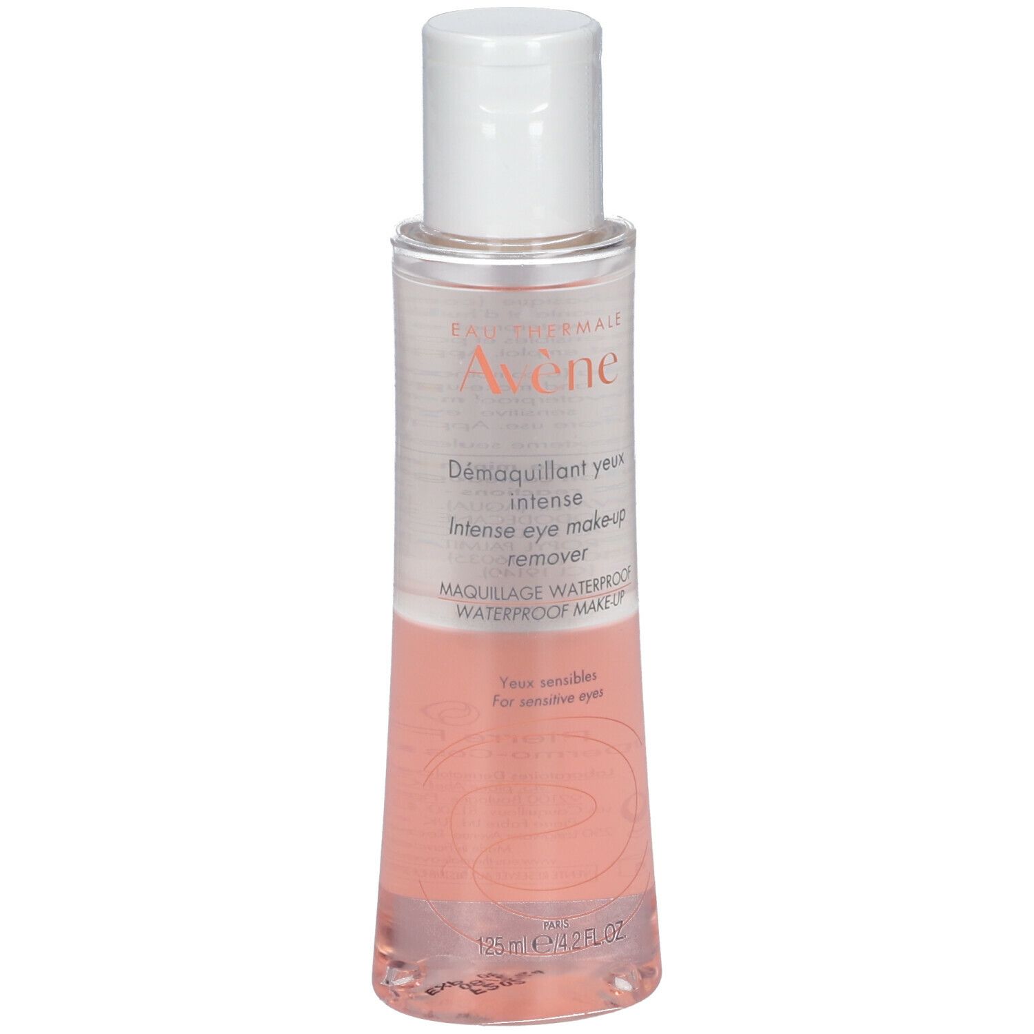 Avène Augen-Make-up-Entferner. Transparente Flasche mit weißem Deckel. Produktname und Marke sichtbar.
