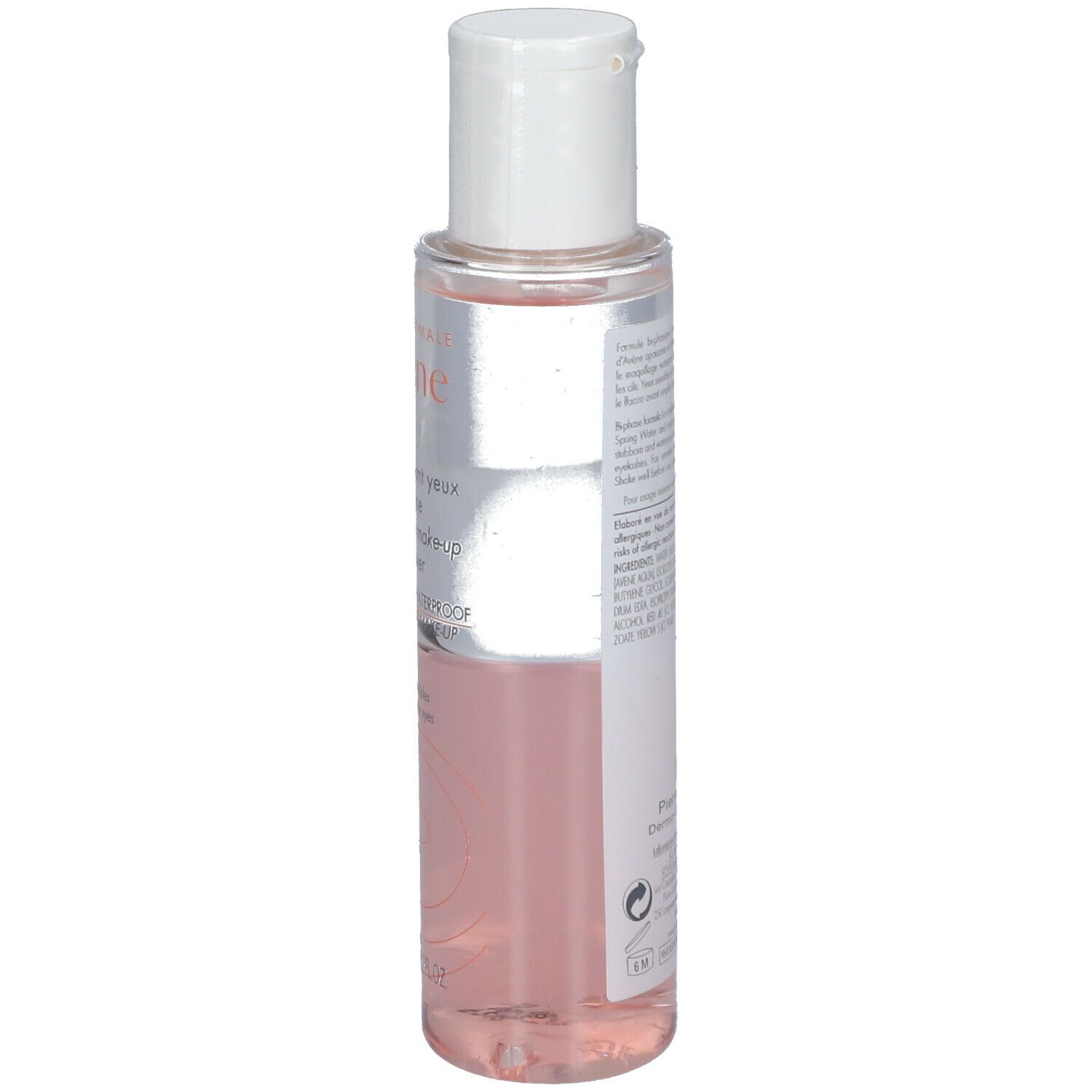 Avène Augen-Make-up-Entferner. Rückseite der Flasche mit Produktinformationen und Inhaltsstoffen.