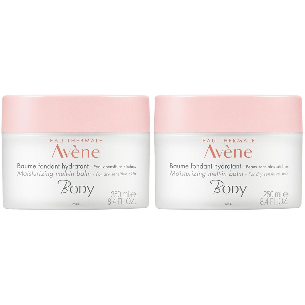 Zwei Cremebehälter mit rosa Deckel. Aufschrift: Eau Thermale Avène, Body. Text: Baume fondant hydratant, 250 ml.