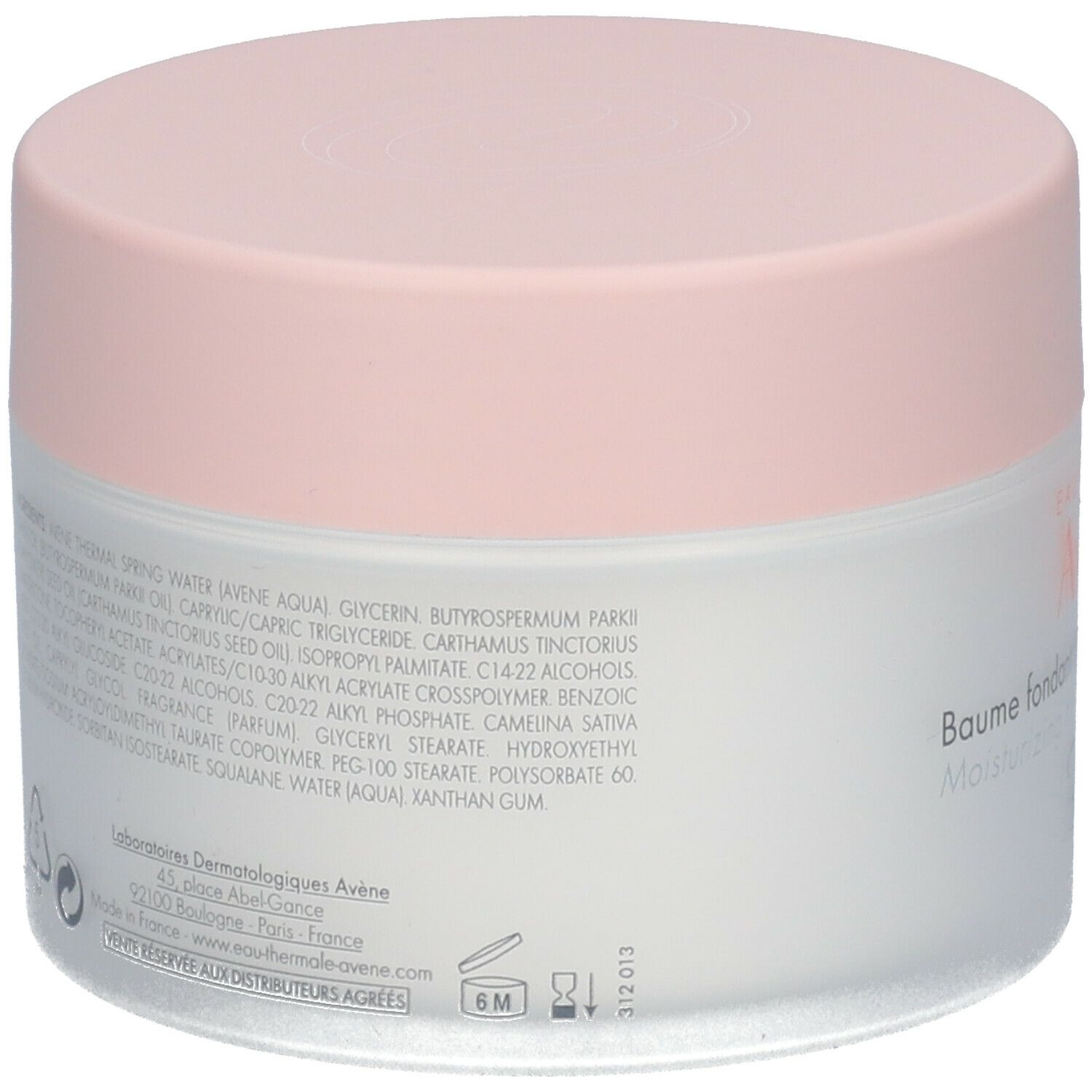 Cremebehälter von unten. Rosa Deckel, Inhaltsstoffe und Herstellerinformationen sind sichtbar.