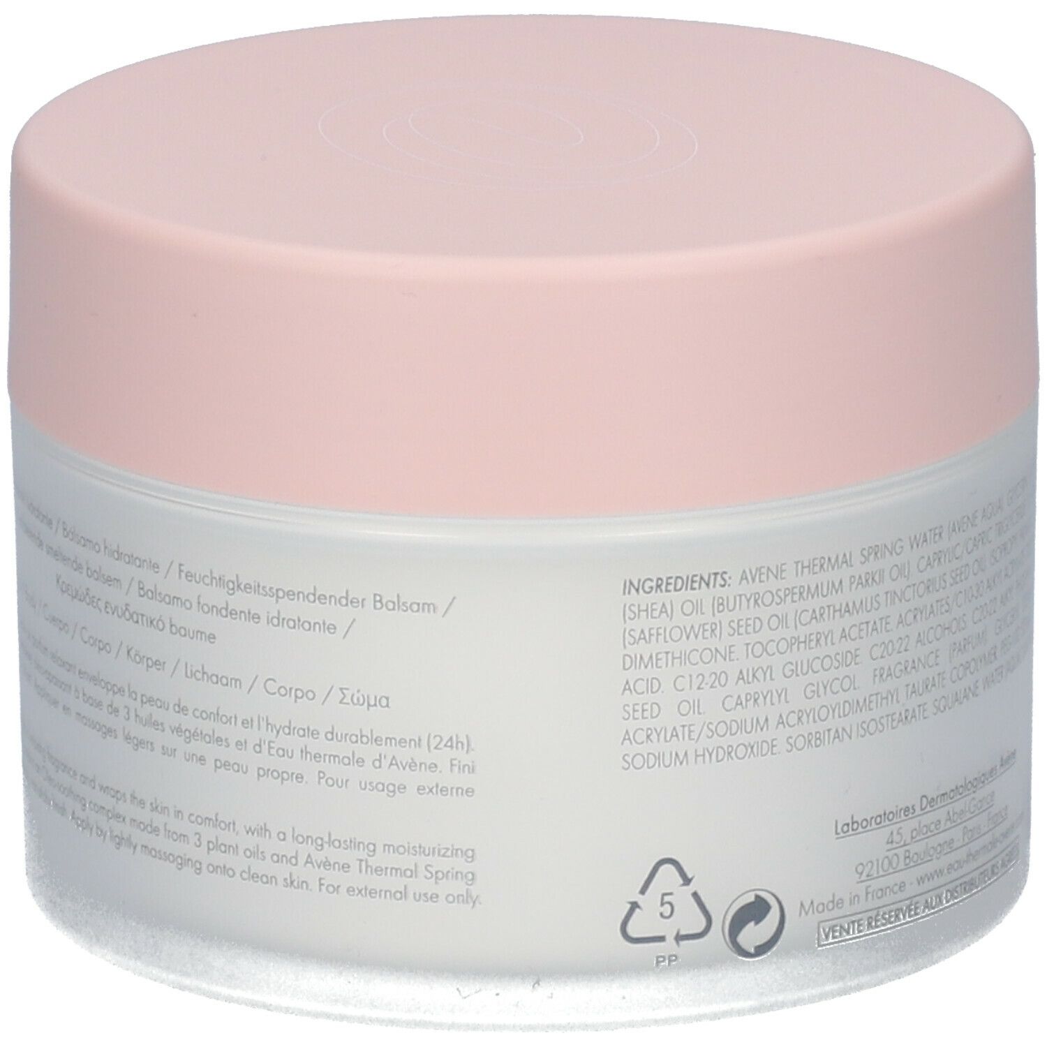 Cremebehälter von unten. Rosa Deckel, Inhaltsstoffe und Herstellerinformationen sind sichtbar.