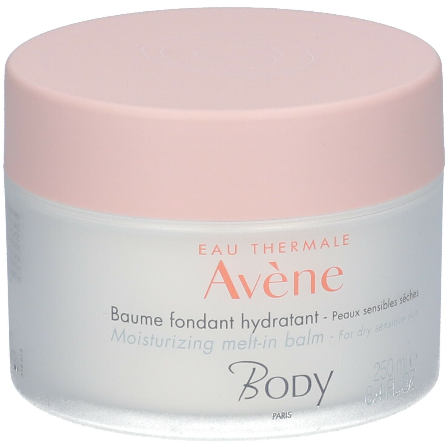 Cremebehälter mit rosa Deckel. Aufschrift: Eau Thermale Avène, Body. Text: Baume fondant hydratant, 250 ml.