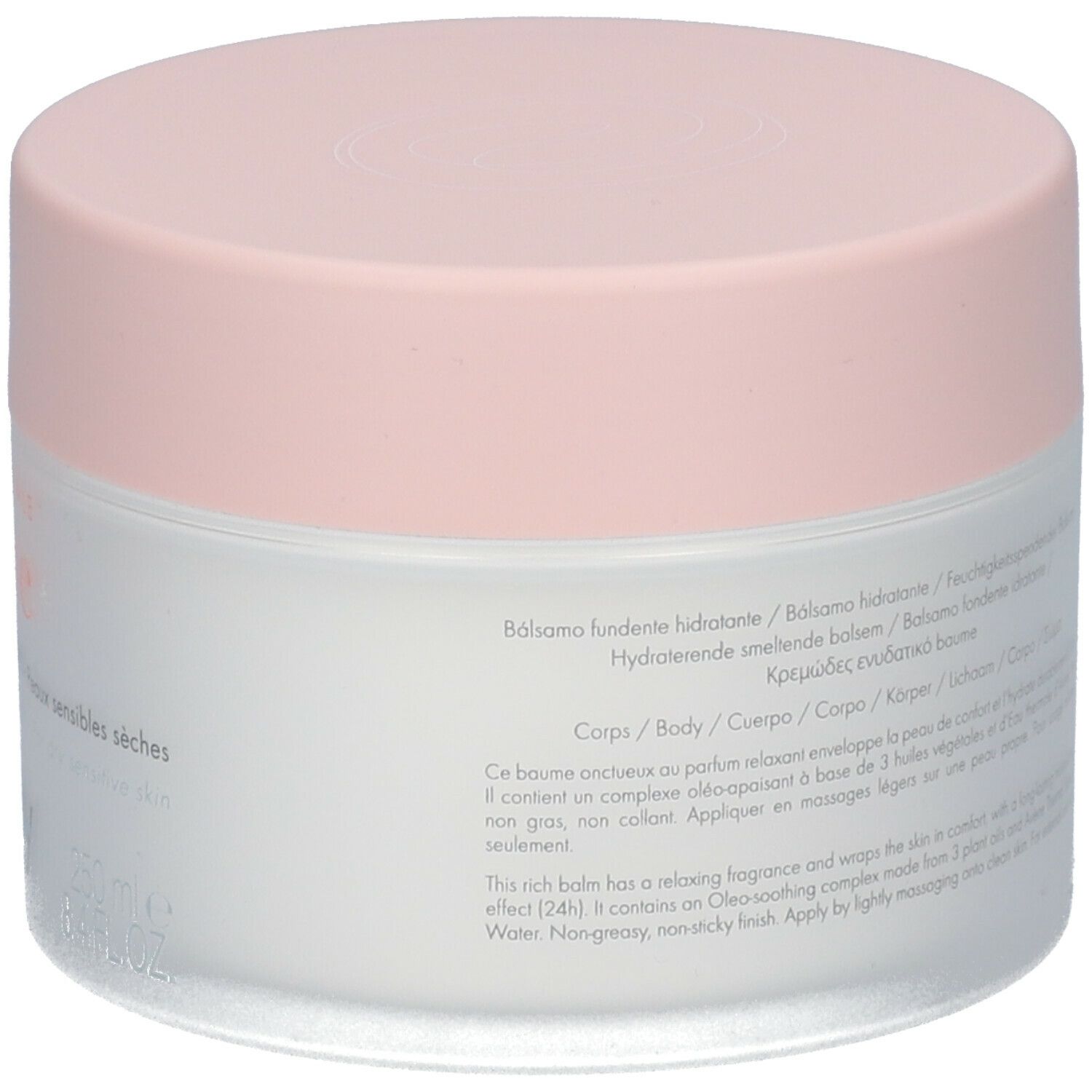 Cremebehälter mit rosa Deckel. Text und Inhaltsstoffe sind sichtbar. Haltbarkeit: 6M.