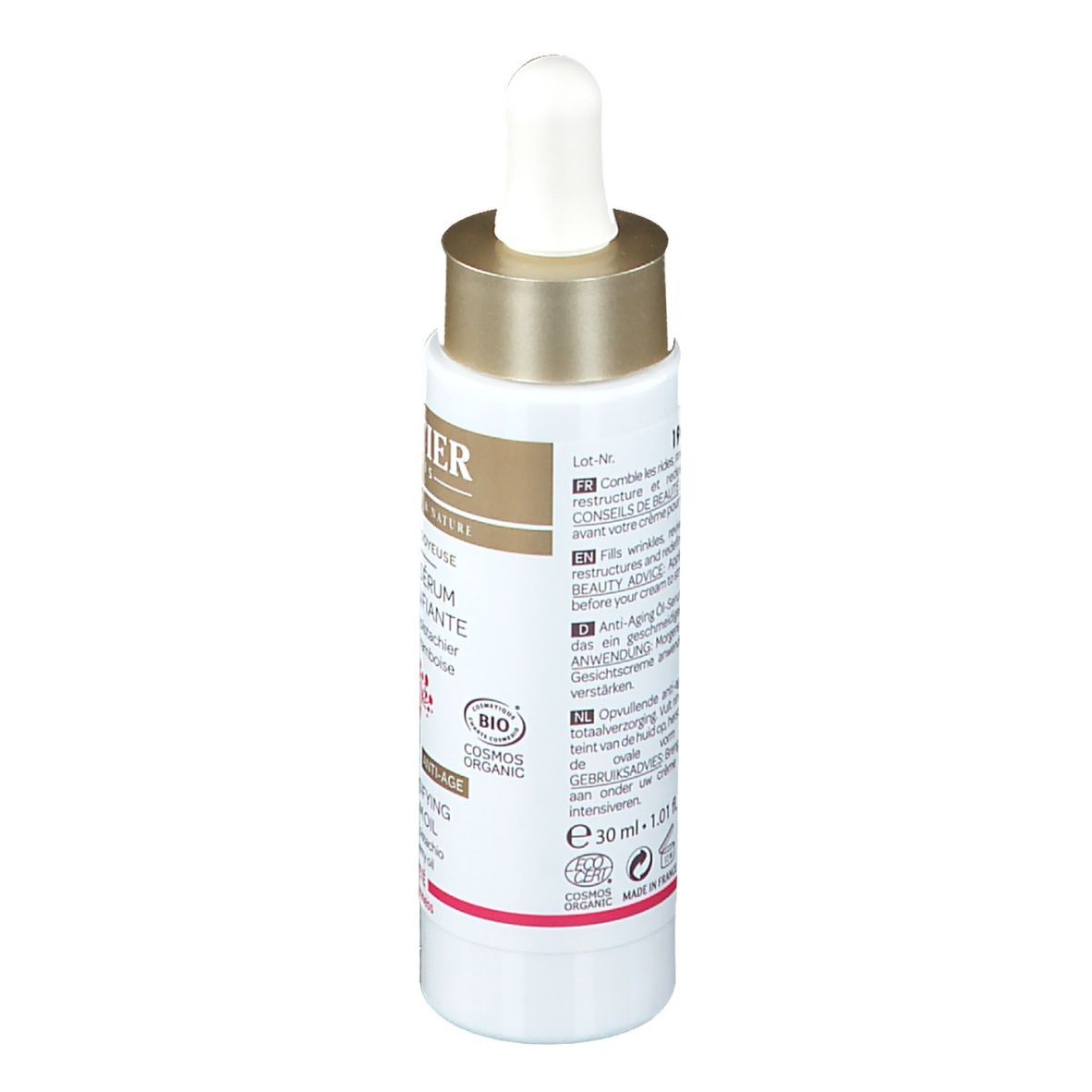 Rückansicht der Serumöl-Flasche. Weißes Etikett mit Text und Zertifizierungen. Goldfarbener Deckel. Enthält 30 ml.