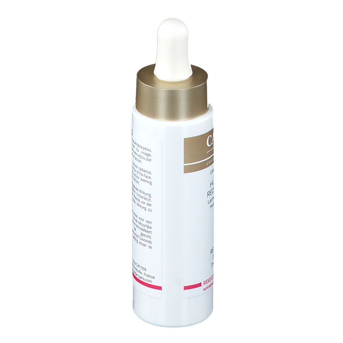 Seitenansicht der Serumöl-Flasche. Weißes Etikett mit Text. Goldfarbener Deckel. Enthält 30 ml.