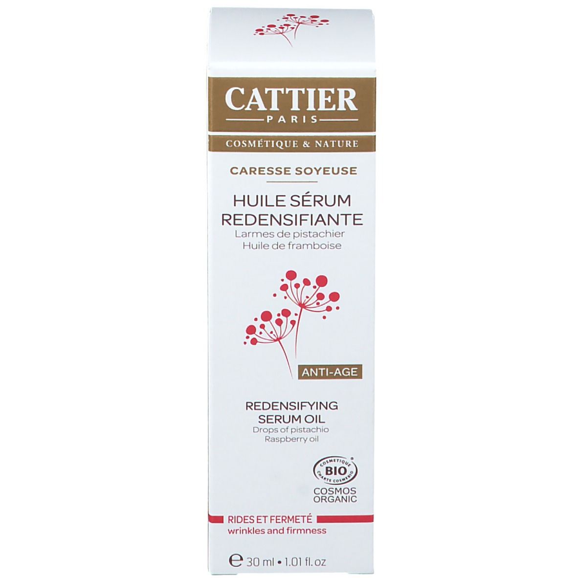 Verpackung des Serumöls. Weiß, mit Text und Logo. Enthält 30 ml. Text: Cattier, HUILE SÉRUM REDENSIFIANTE, Anti-Age.