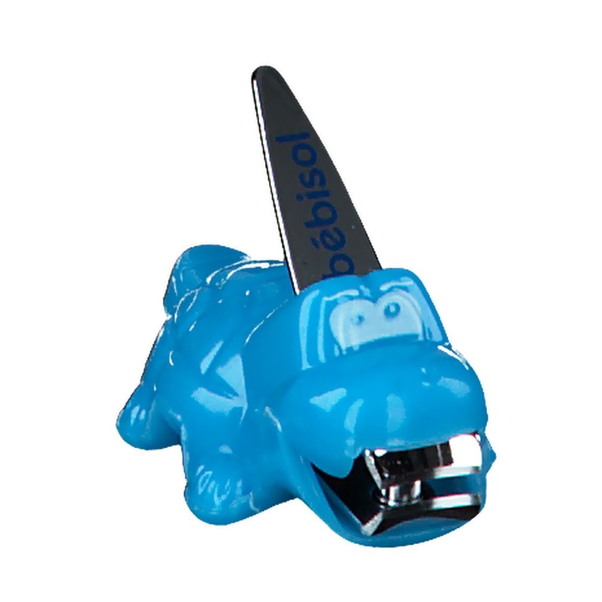 Blauer Nagelkrokodil-Knipser mit silberner Klinge. Auf der Klinge steht "bébisol".