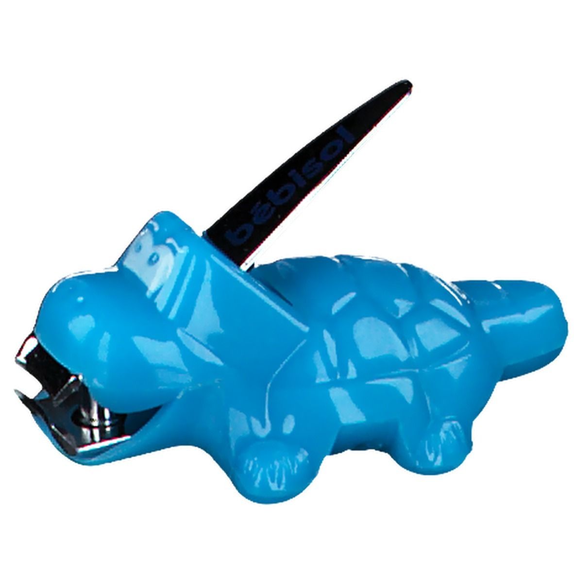 Blauer Nagelkrokodil-Knipser mit silberner Klinge. Auf der Klinge steht "bébisol".