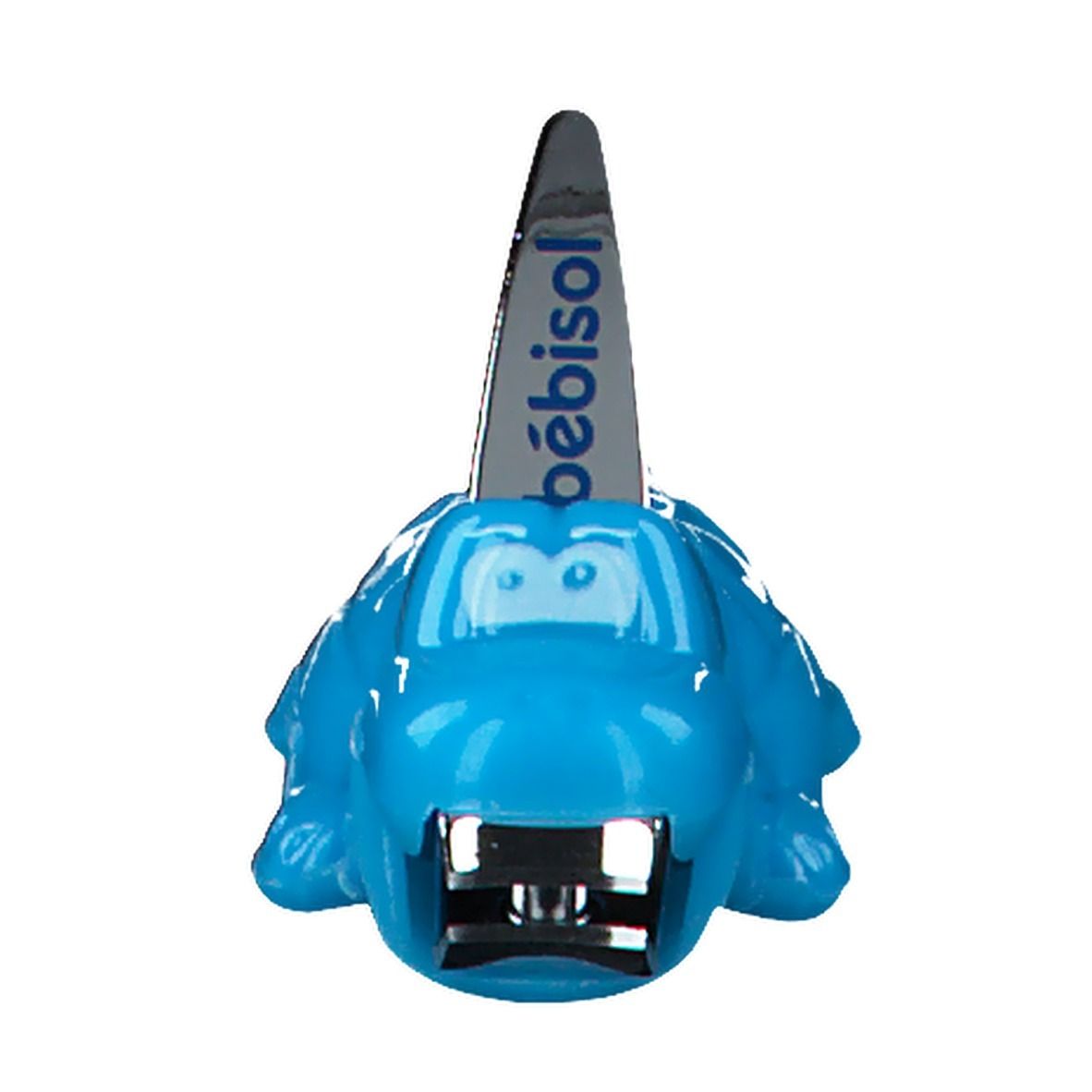 Blauer Nagelkrokodil-Knipser mit silberner Klinge. Auf der Klinge steht "bébisol".