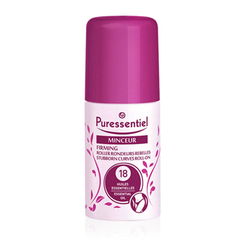 Roll-on-Flasche mit rosa Kappe. Aufschrift: Puressentiel Minceur, 18 Huiles Essentielles. Rosa und weiße Verpackung.