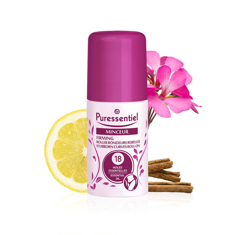 Roll-on-Flasche mit rosa Kappe, Zitrone, Zimtstangen und rosa Blume. Aufschrift: Puressentiel Minceur, 18 Huiles Essentielles.