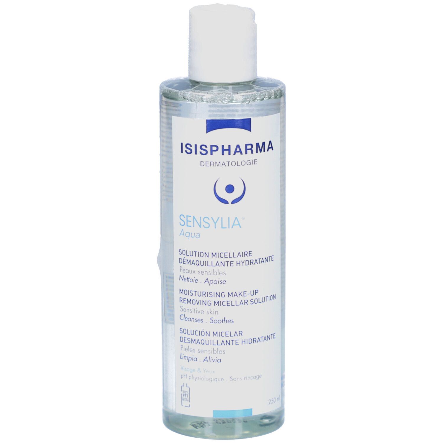 Klare Flasche mit weißem Deckel. Aufschrift: ISISPHARMA Sensylia Aqua. Produktbeschreibung in mehreren Sprachen.