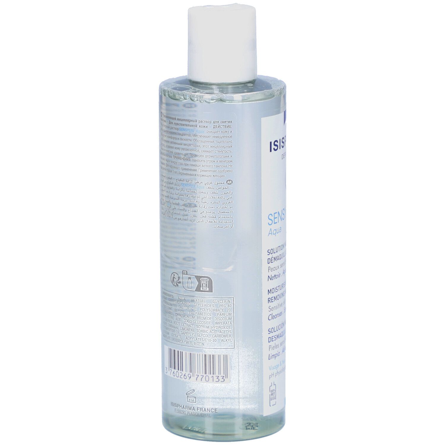 Rückseite einer transparenten Flasche. Text in mehreren Sprachen. Barcode und QR-Code.